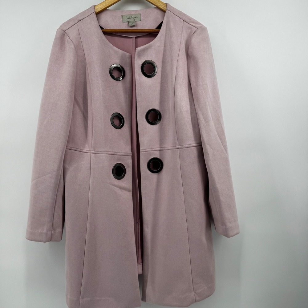 Charlie Paige Women Pink Faux Suede Grommet Open Front Coat Jacket Large - Picture 9 of 10